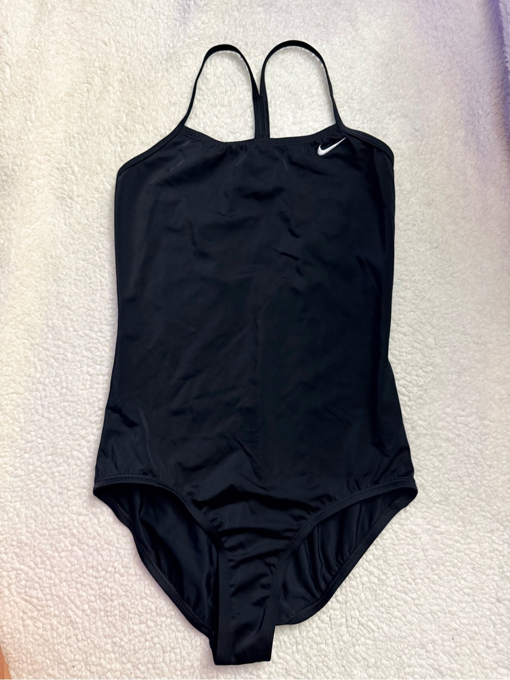 Nike Black Racerback One-Piece Swimsuit with White Swoosh. Size 13-15Y